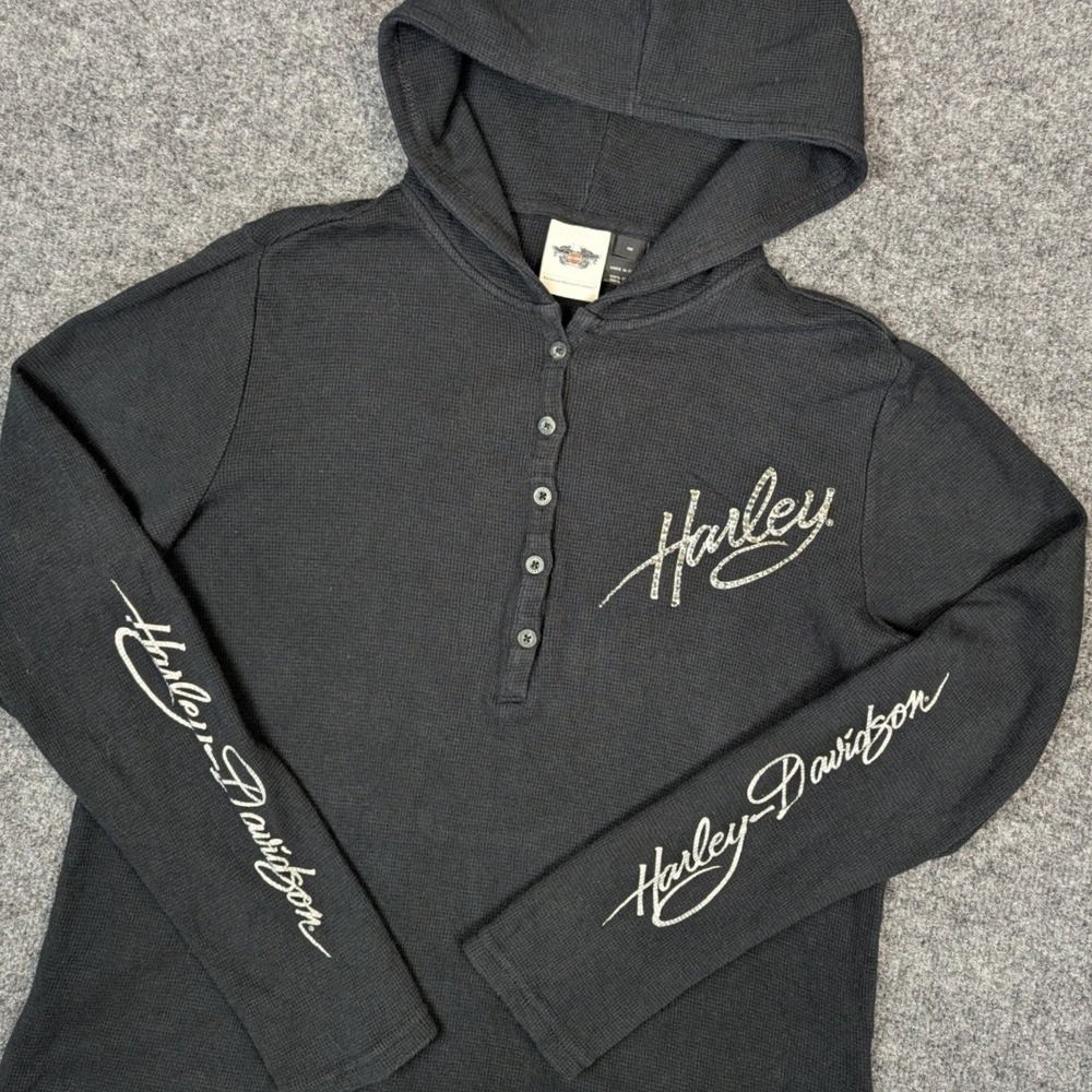 Harley-Davidson Womens Black Waffle Knit Rhinestone Henley Hoodie 1W 100% Cotton